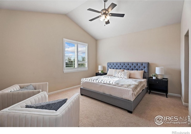 carpeted bedroom featuring lofted ceiling and ceiling fan