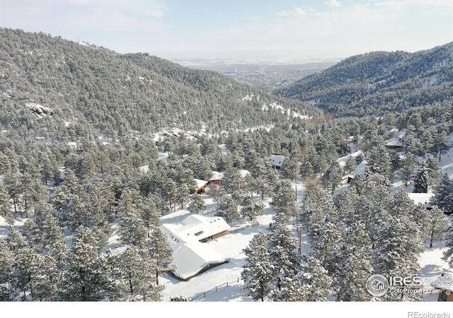 snowy aerial view with a mountain view