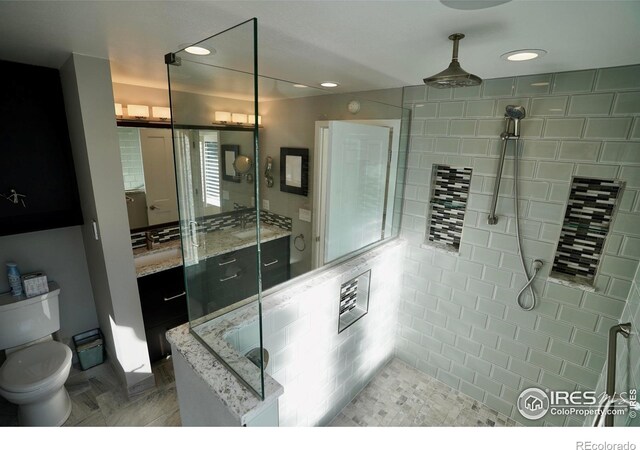 bathroom with vanity, toilet, and walk in shower