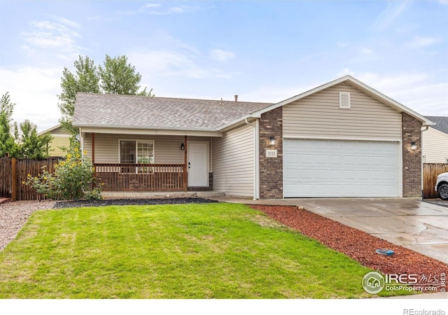 single story home with a front yard, a garage, and a porch