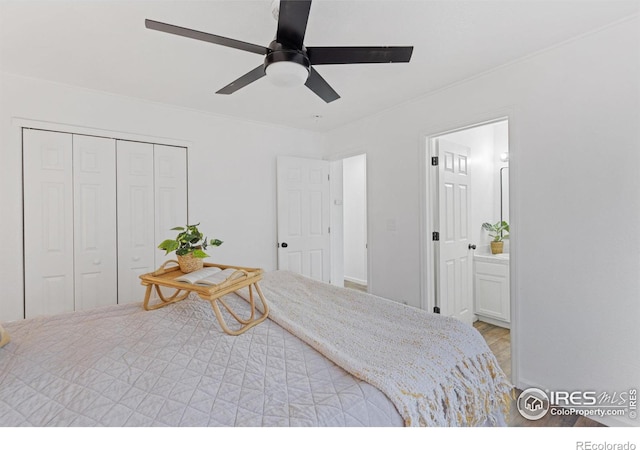 bedroom featuring ceiling fan, ensuite bath, and a closet