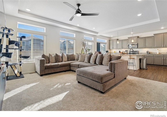 living room featuring a raised ceiling, ceiling fan, and light hardwood / wood-style floors