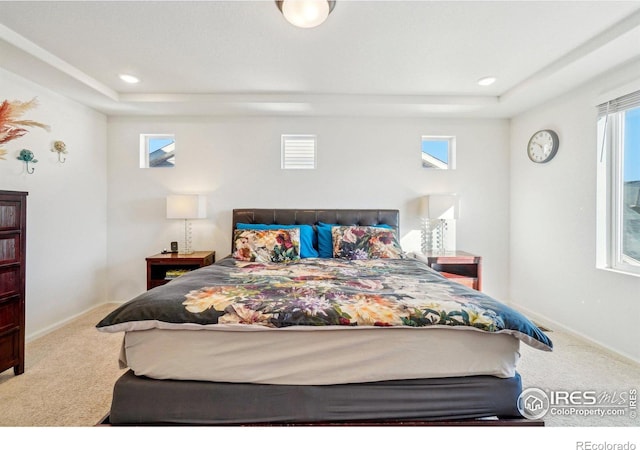 bedroom with carpet floors, a tray ceiling, and multiple windows