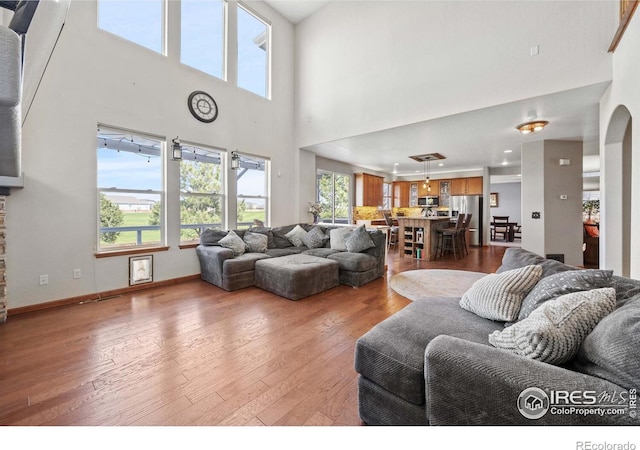 living room with hardwood / wood-style floors and a towering ceiling