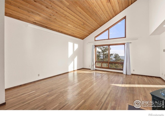 unfurnished living room featuring wood ceiling, hardwood / wood-style flooring, and high vaulted ceiling