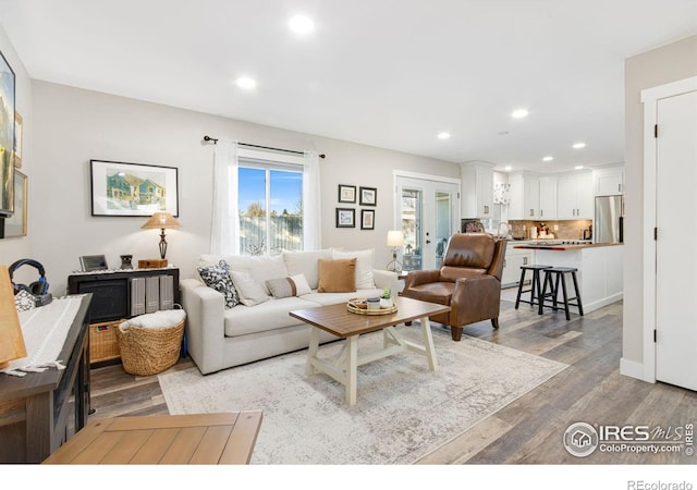 living room featuring french doors and light hardwood / wood-style floors