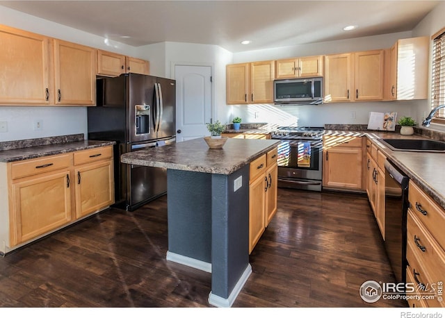 kitchen with dark hardwood / wood-style floors, a center island, light brown cabinetry, black appliances, and sink