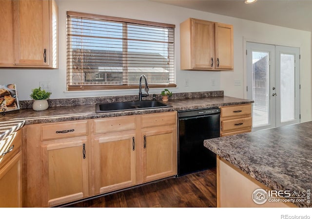 kitchen featuring dark wood-type flooring, light brown cabinetry, dishwasher, french doors, and sink