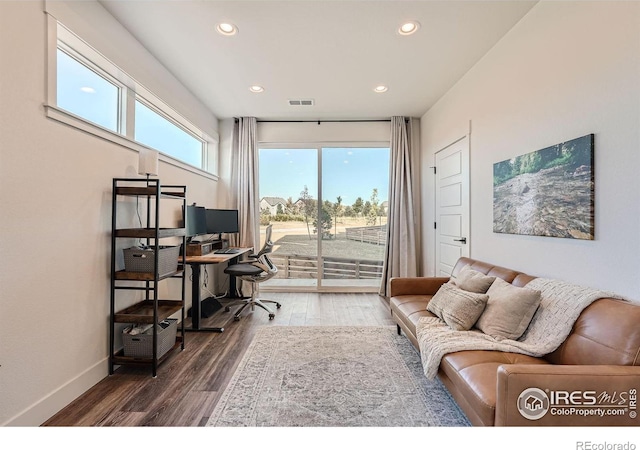 office space featuring dark hardwood / wood-style floors