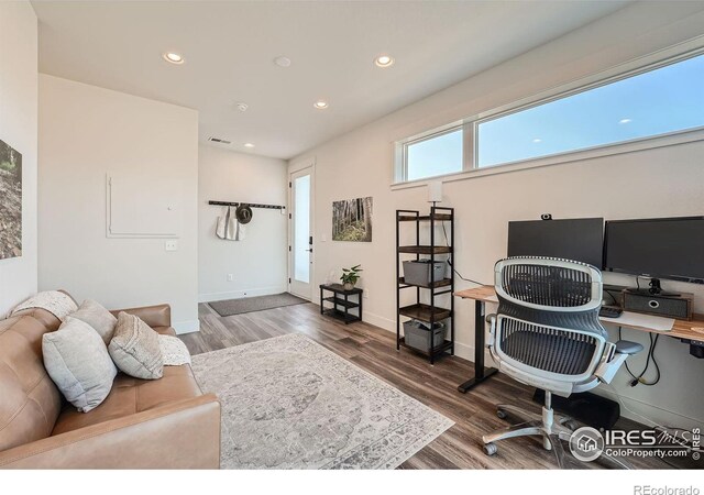 office area with wood-type flooring