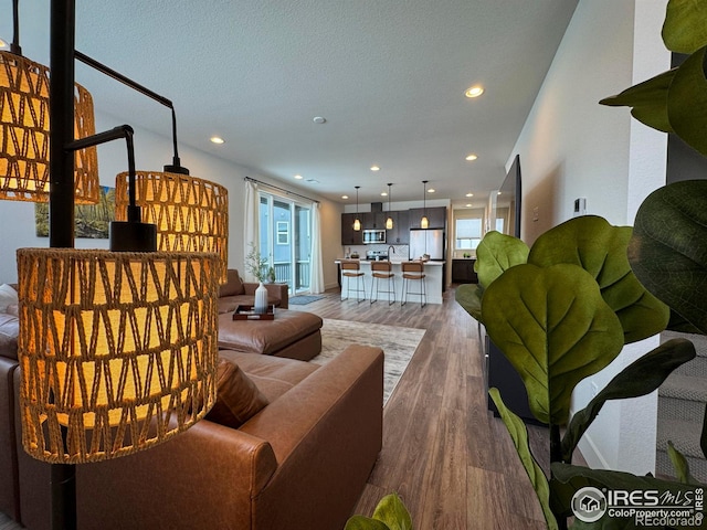 living room featuring hardwood / wood-style floors and a textured ceiling