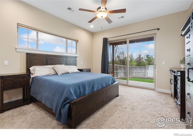 bedroom featuring ceiling fan, access to exterior, and light colored carpet