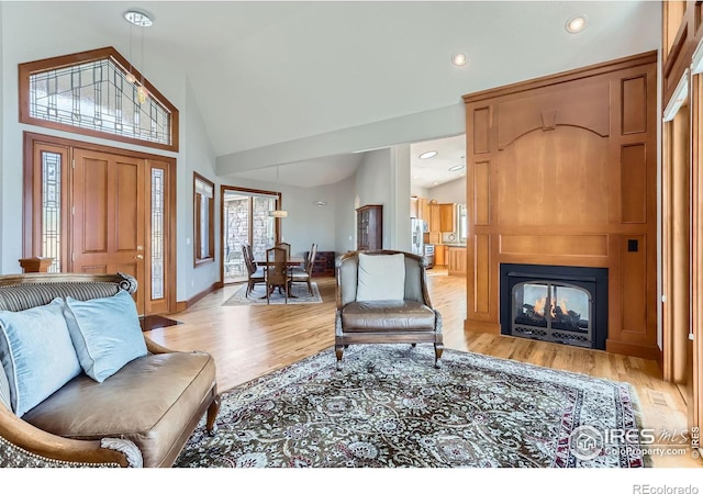 living room featuring a fireplace, a wealth of natural light, light hardwood / wood-style floors, and high vaulted ceiling