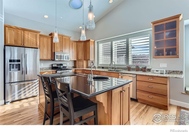 kitchen with sink, stainless steel appliances, light stone countertops, a center island with sink, and decorative light fixtures