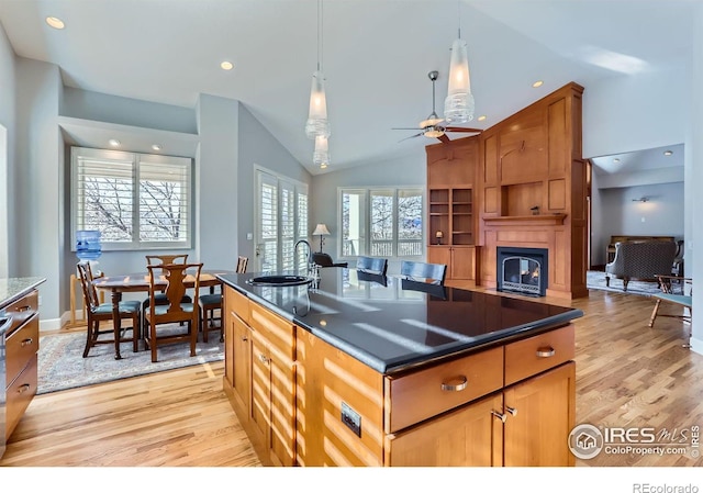 kitchen featuring hanging light fixtures, sink, a center island with sink, and light hardwood / wood-style flooring