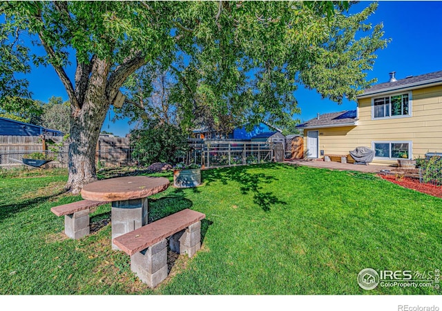 view of yard with a patio and a storage unit