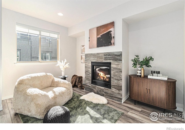 living room with a tile fireplace