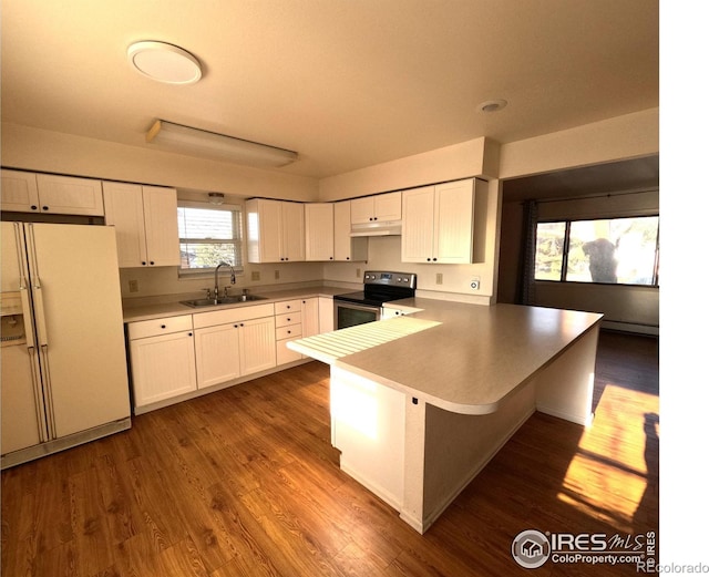 kitchen with white cabinets, white refrigerator with ice dispenser, kitchen peninsula, and stainless steel range with electric cooktop