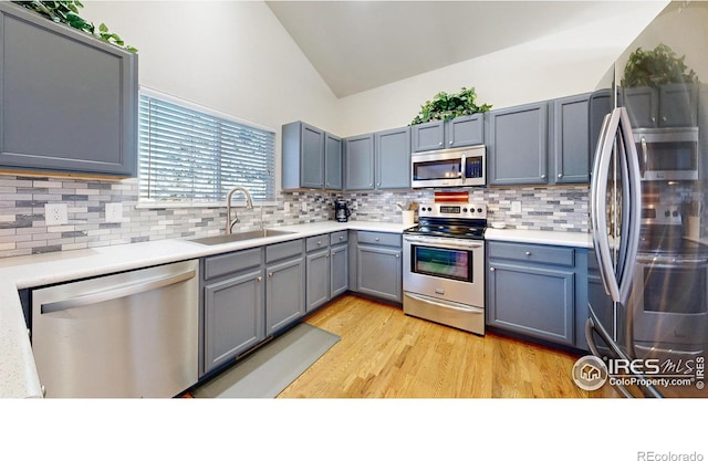 kitchen featuring backsplash, light wood-type flooring, appliances with stainless steel finishes, and sink