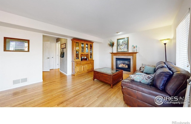 living room with light hardwood / wood-style flooring and a fireplace