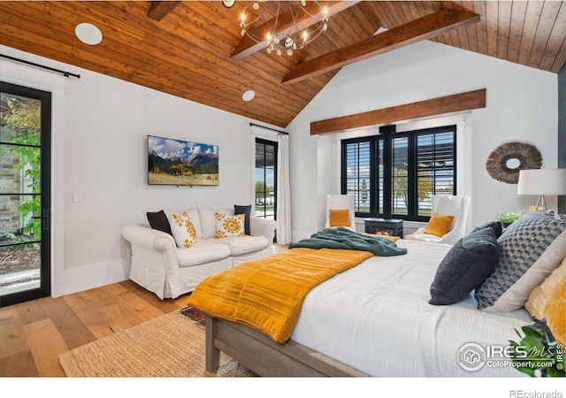 bedroom featuring wood finished floors, vaulted ceiling with beams, wooden ceiling, access to outside, and a chandelier