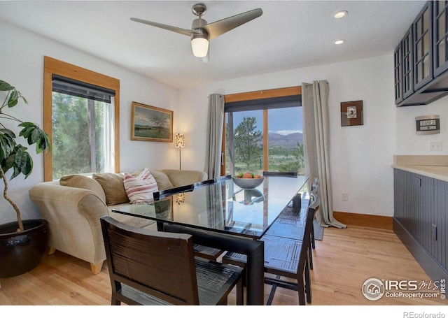 dining space featuring ceiling fan and light hardwood / wood-style flooring