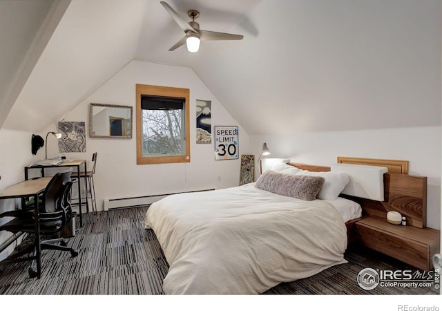 bedroom featuring lofted ceiling, ceiling fan, and a baseboard radiator