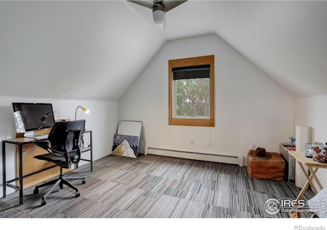 office space with ceiling fan, carpet, a baseboard heating unit, and vaulted ceiling