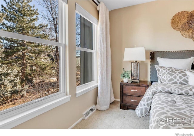 bedroom featuring light colored carpet and multiple windows