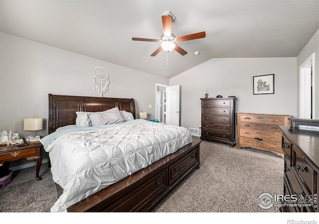 carpeted bedroom featuring ceiling fan and lofted ceiling