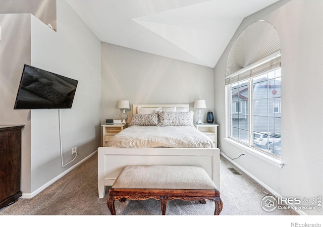 bedroom featuring vaulted ceiling and carpet floors