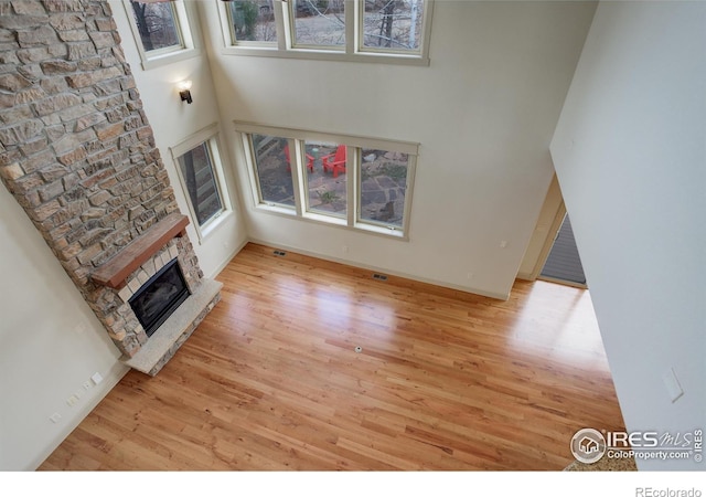 living room featuring a fireplace and light wood-type flooring