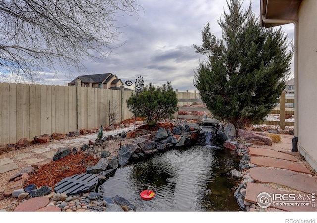 view of yard with a small pond