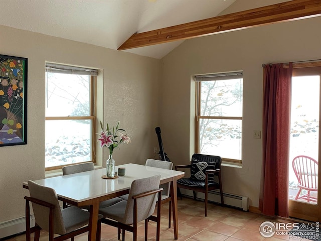 dining room featuring a baseboard radiator, light tile patterned floors, and lofted ceiling with beams