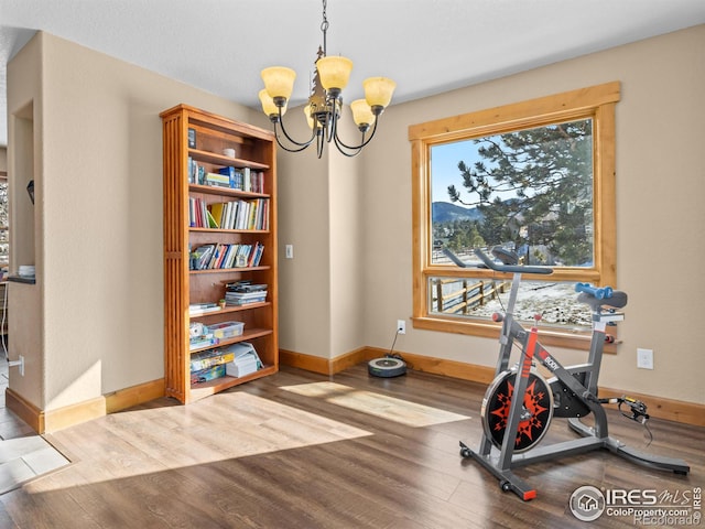 workout area with wood-type flooring and a notable chandelier