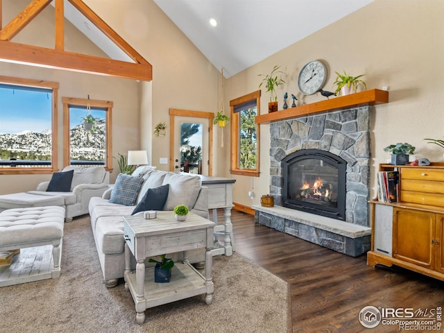 living room featuring high vaulted ceiling, a wealth of natural light, dark hardwood / wood-style flooring, and a stone fireplace