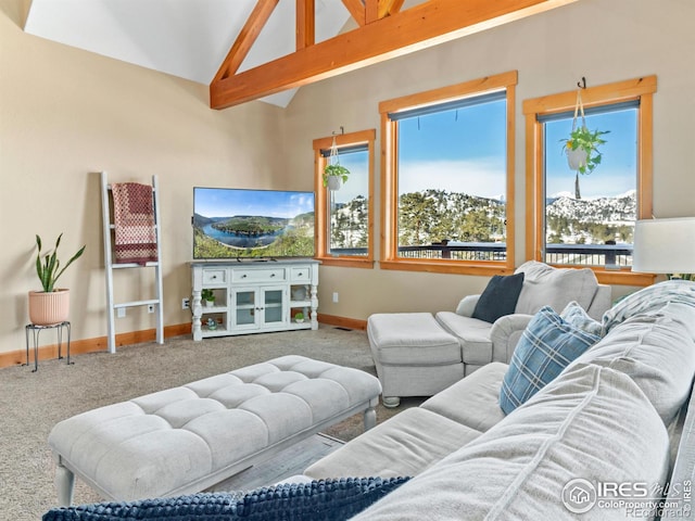 living room with high vaulted ceiling, carpet, and beamed ceiling