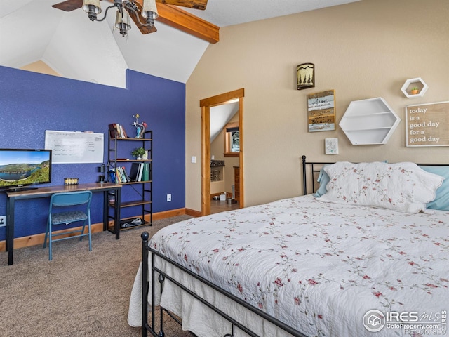 bedroom featuring ceiling fan, carpet, and vaulted ceiling with beams