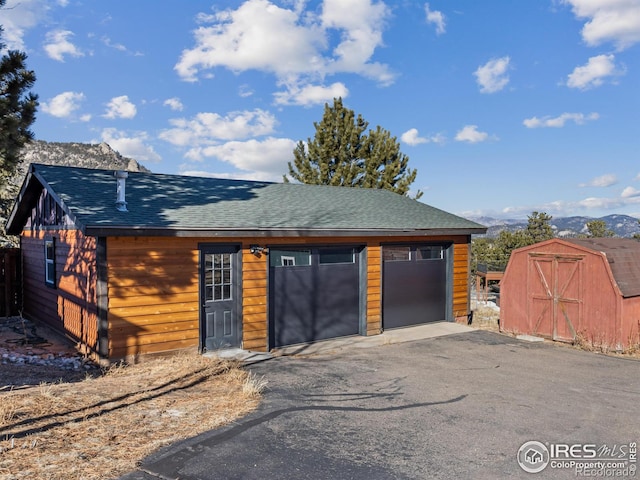 garage with a mountain view