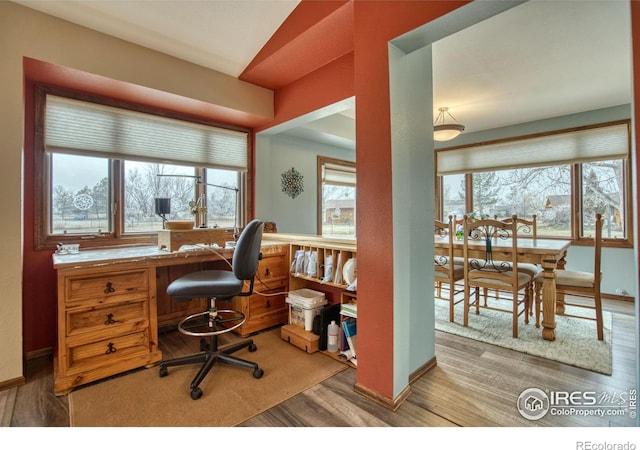 office space with lofted ceiling, hardwood / wood-style floors, and a wealth of natural light