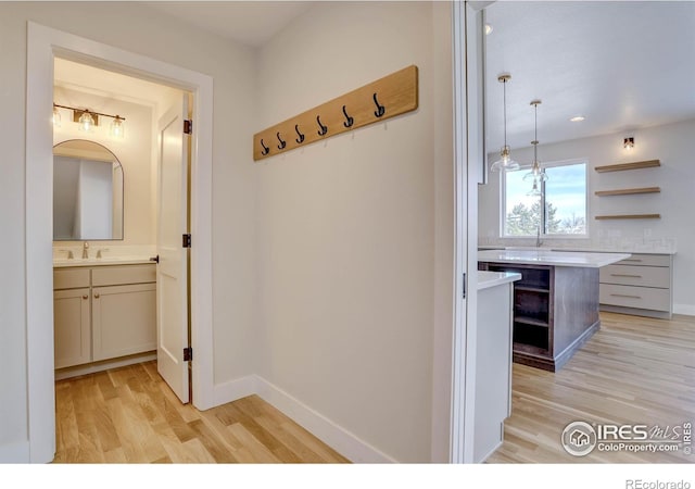 interior space featuring sink and light wood-type flooring