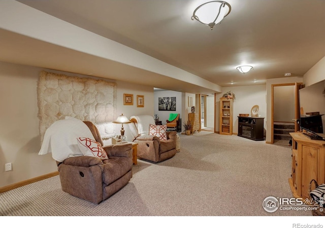 living room with light colored carpet