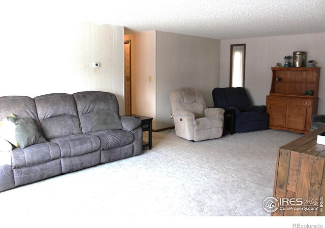 living room with carpet floors and a textured ceiling