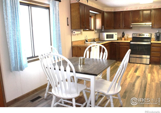 kitchen with a wealth of natural light, sink, light hardwood / wood-style flooring, and stainless steel electric range