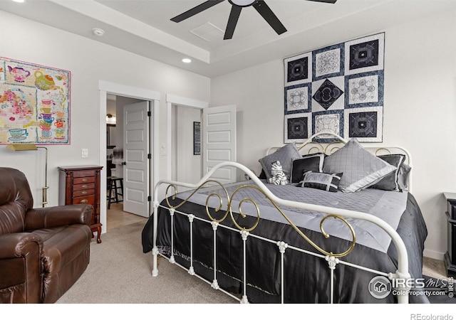 bedroom with ceiling fan and carpet