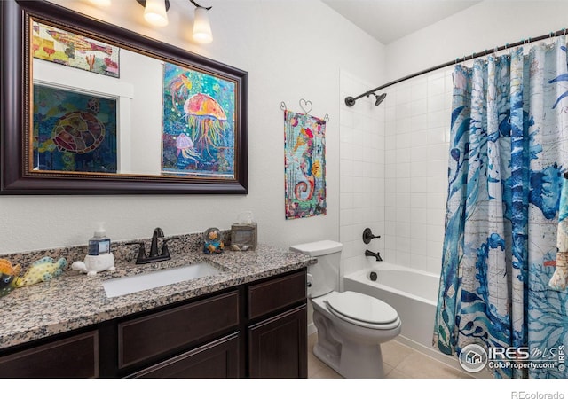 full bathroom with tile patterned flooring, vanity, shower / bathtub combination with curtain, and toilet