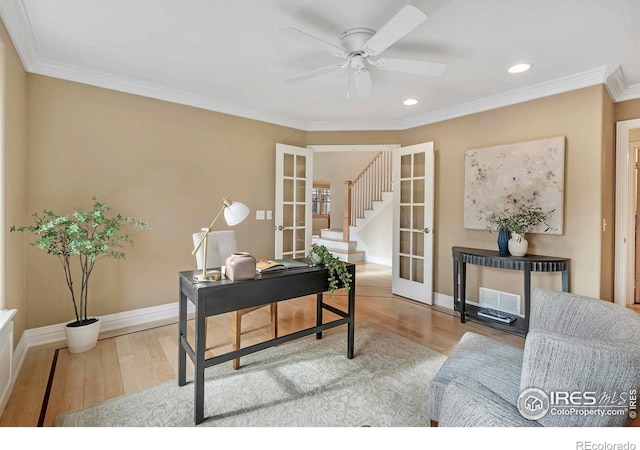 6345 Swallow Ln, Boulder, CO 80303 - home office with french doors, wood finished floors, a ceiling fan, ornamental molding, and recessed lighting