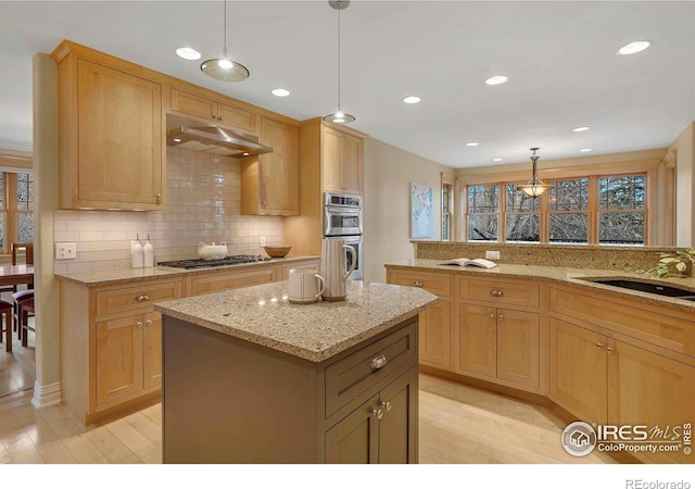 6345 Swallow Ln, Boulder, CO 80303 - kitchen with light wood-style floors, tasteful backsplash, under cabinet range hood, stainless steel appliances, and recessed lighting