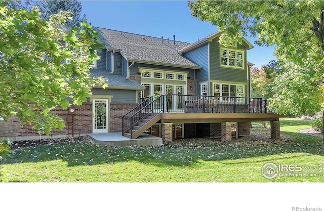 6345 Swallow Ln, Boulder, CO 80303 - rear view of house with stairs, a deck, and a lawn