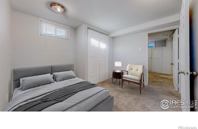 carpeted bedroom with a closet